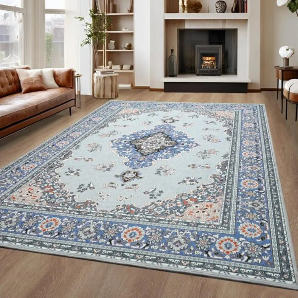 New 6x9 Grey Blue Area Rug, Washable Vintage Low Pile Non-Slip Carpet for Home